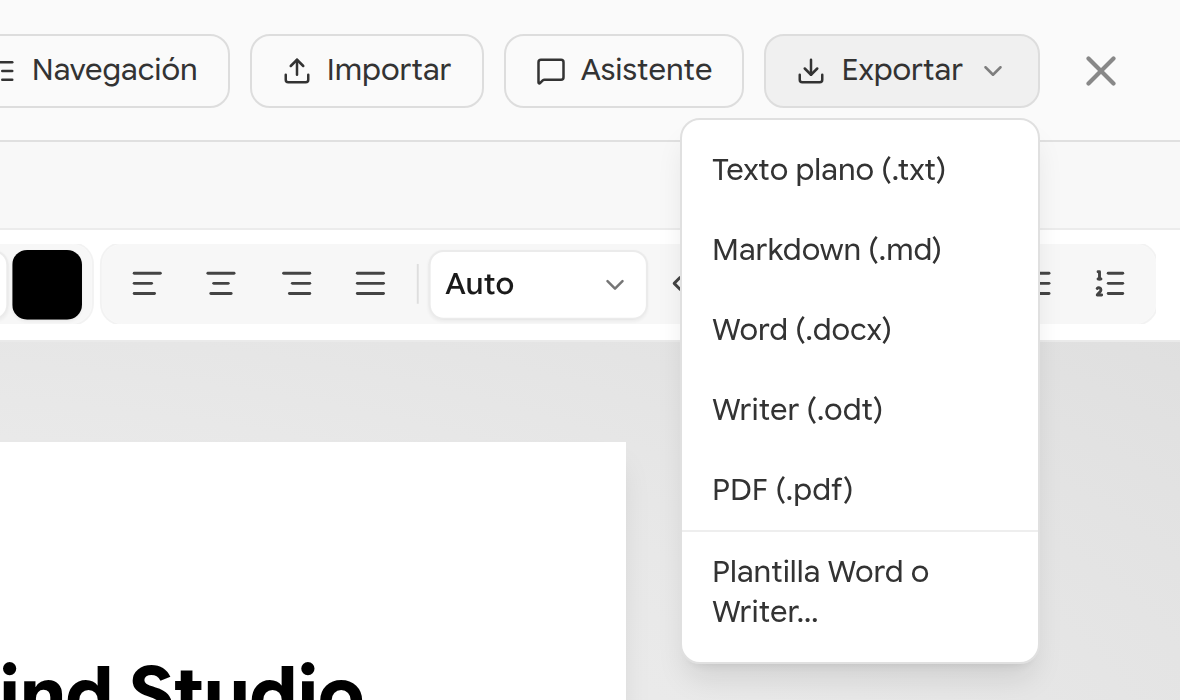 Menú Exportar con Texto plano, Markdown, Word, Writer, PDF y Plantilla Word o Writer