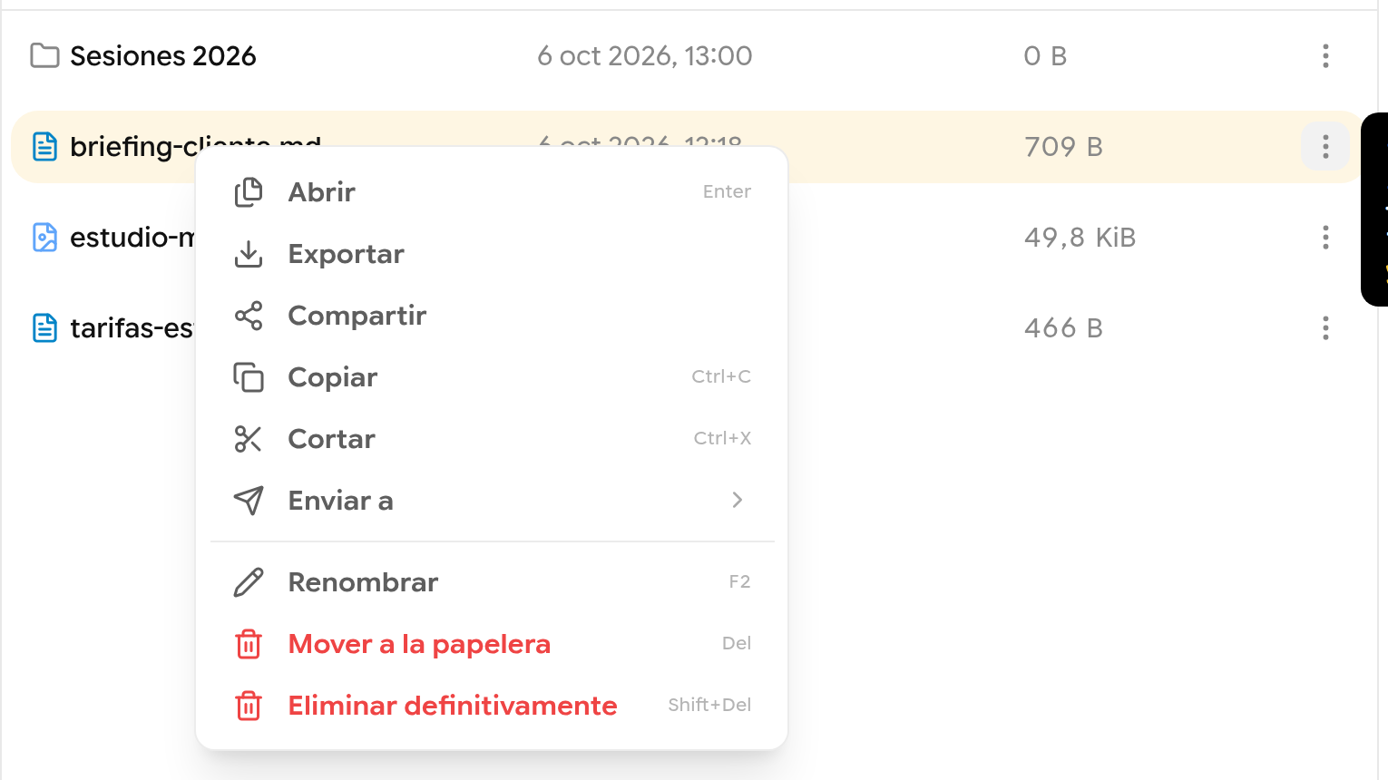Menú contextual de un archivo con Abrir, Exportar, Compartir, Copiar, Cortar, Enviar a, Renombrar, Mover a la papelera y Eliminar definitivamente
