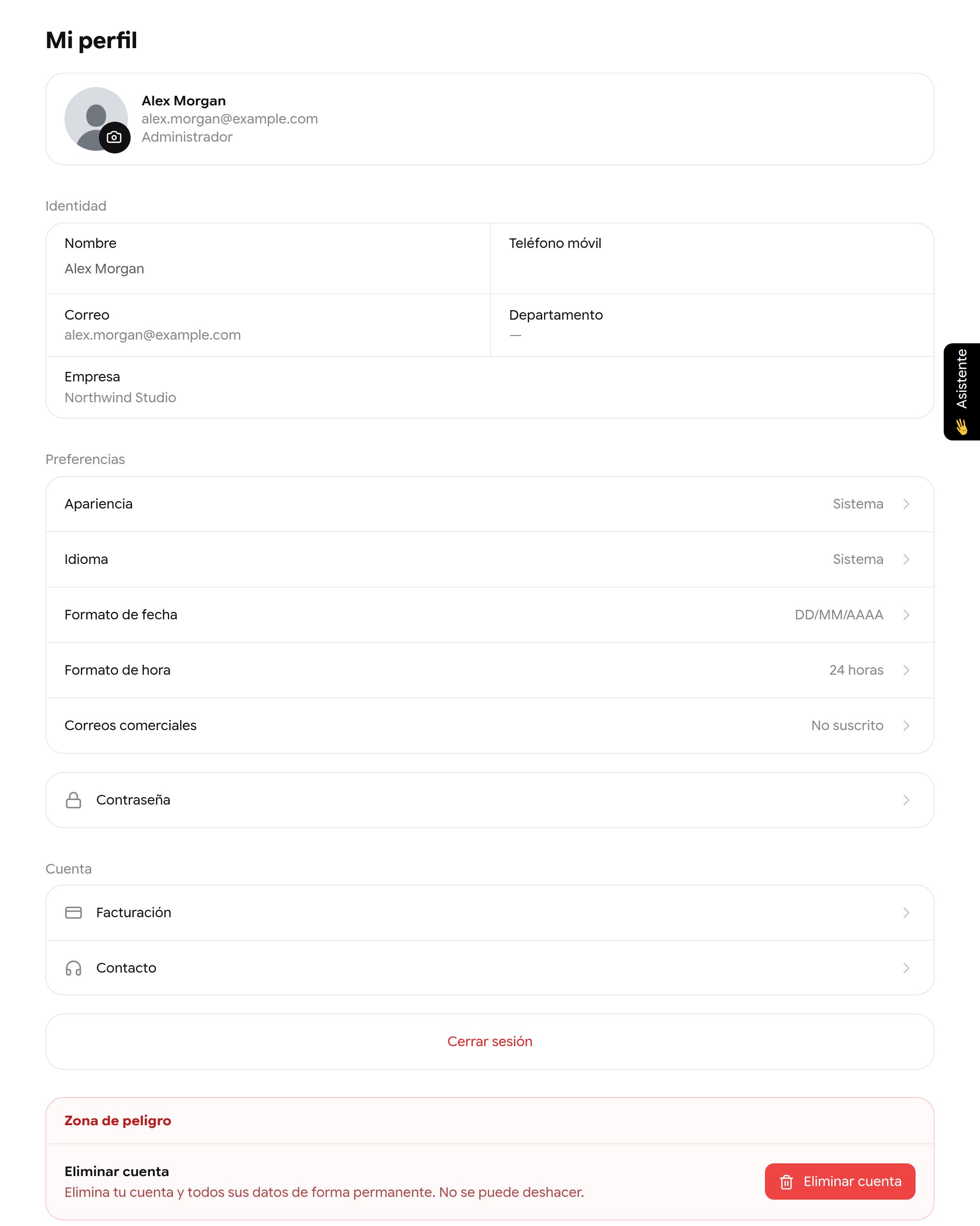 Página Mi perfil con identidad, preferencias, contraseña, facturación, contacto, cerrar sesión y zona de peligro