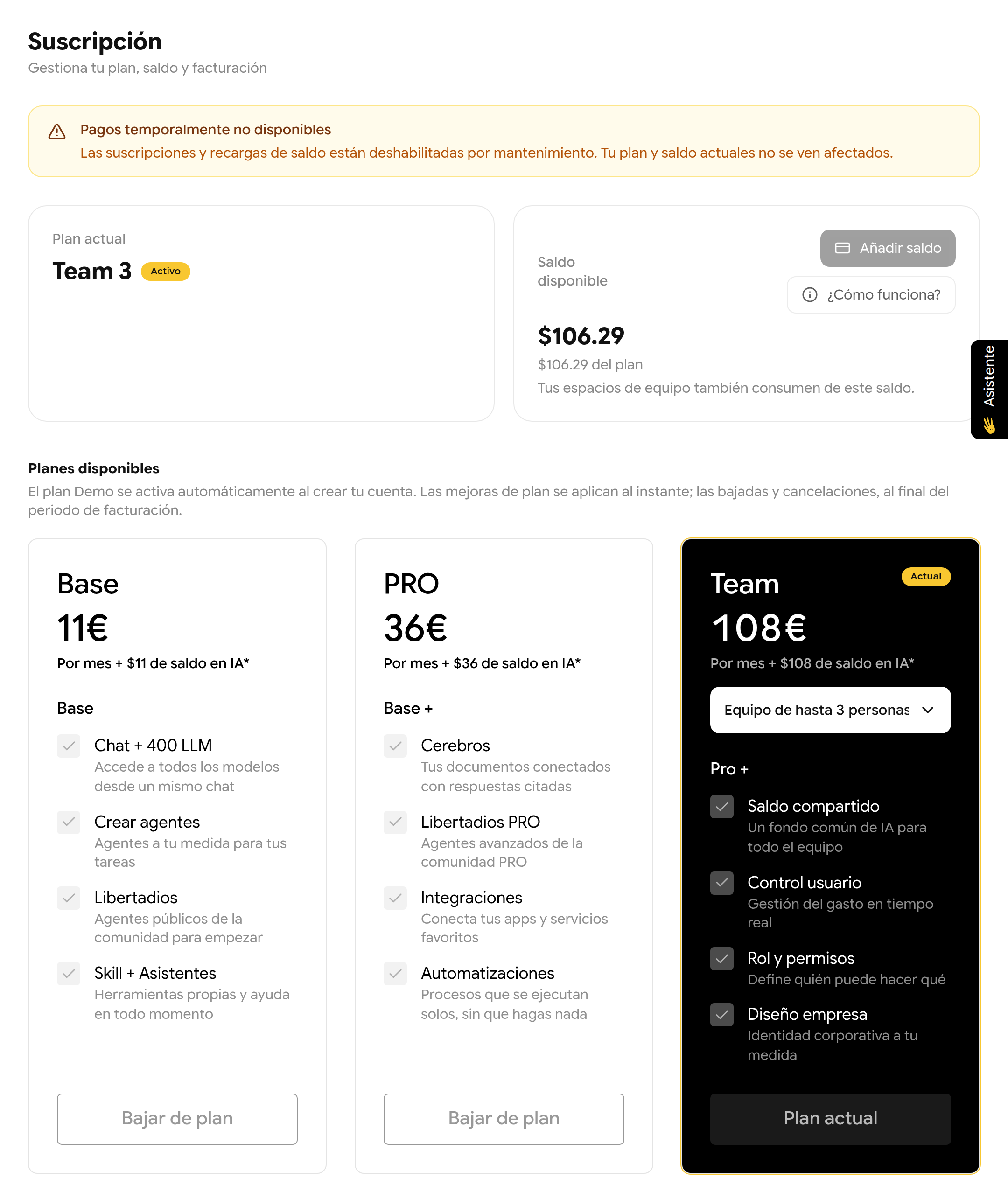 Página Suscripción con el plan actual Team 3, el saldo disponible, las tarjetas de planes y el aviso Pagos temporalmente no disponibles