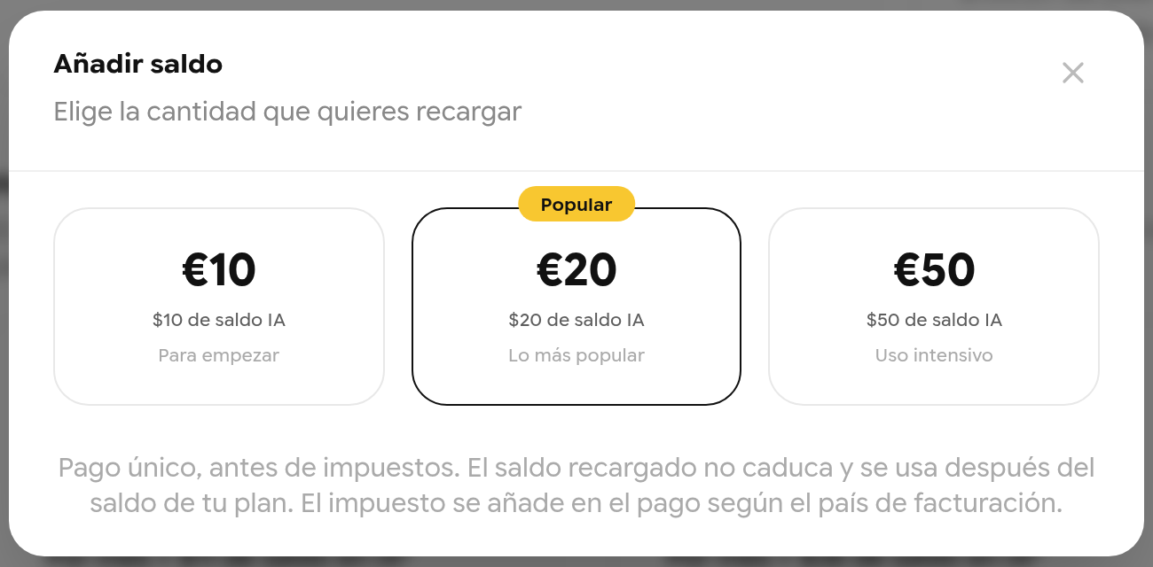 Diálogo Añadir saldo con las recargas de 10 €, 20 € (Popular) y 50 €