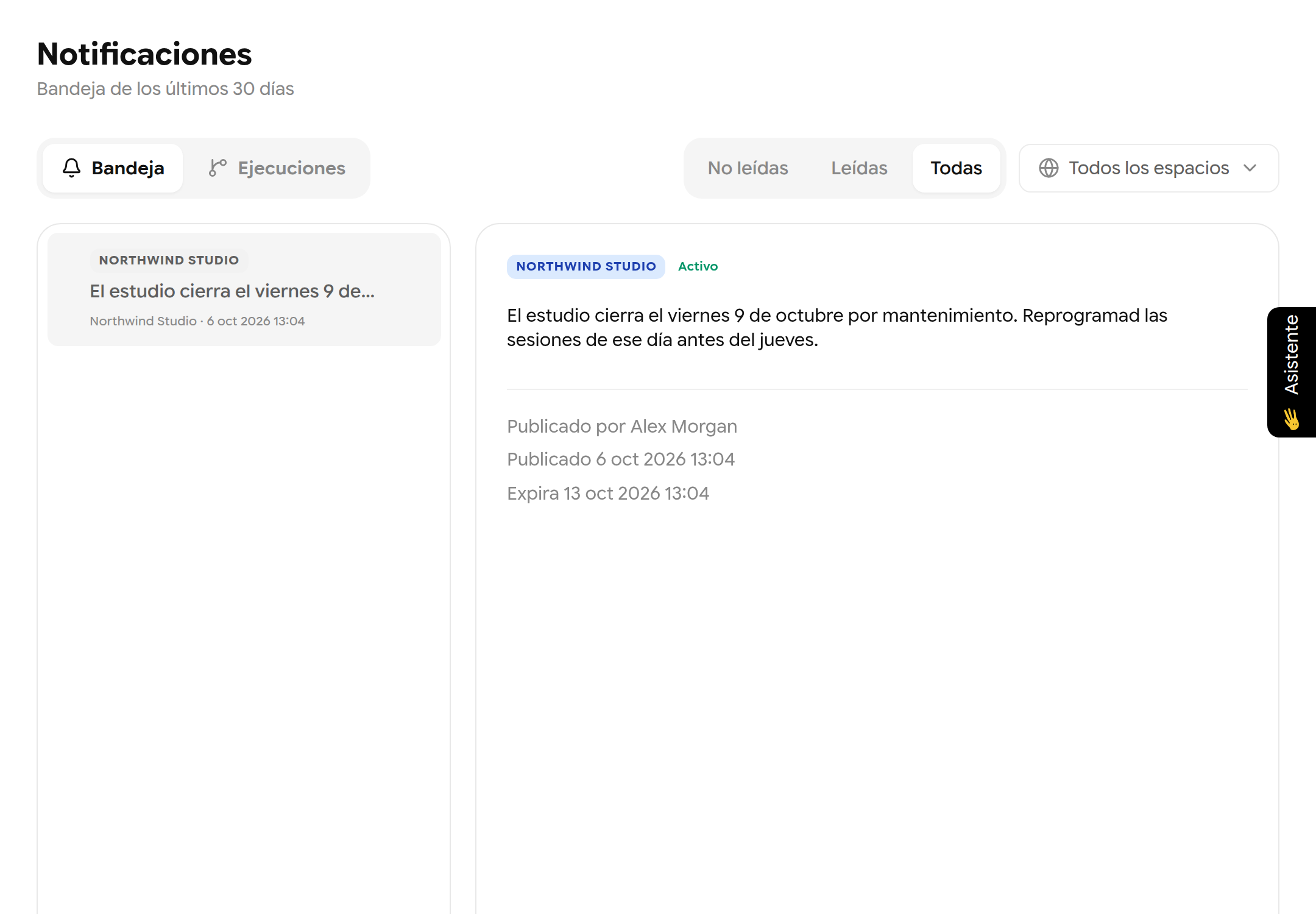 Página Notificaciones con un aviso de empresa seleccionado y sus detalles