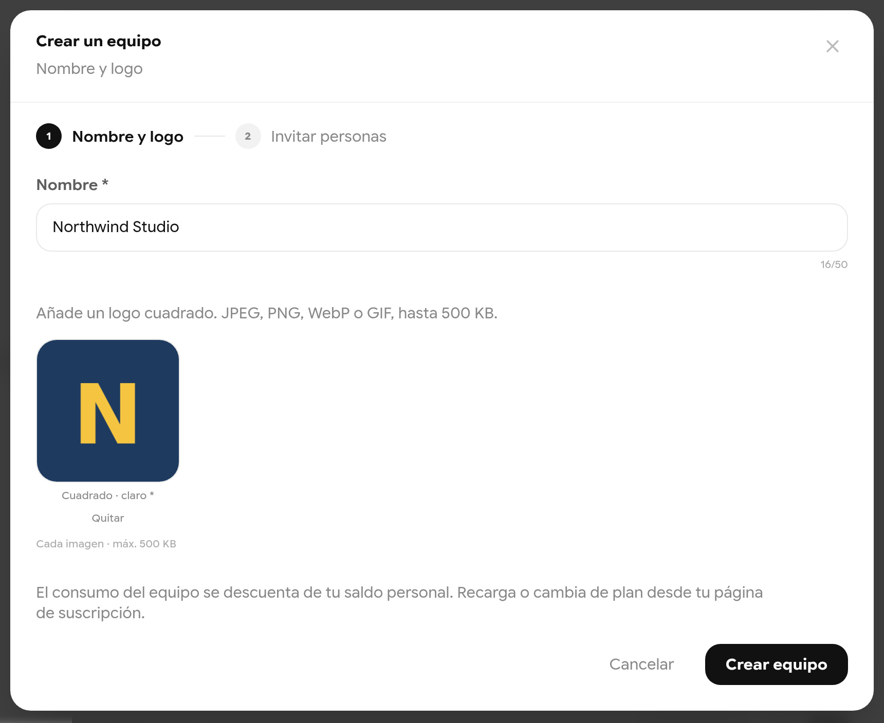 Paso 1 de Crear un equipo con el nombre Northwind Studio y un logo con la letra N