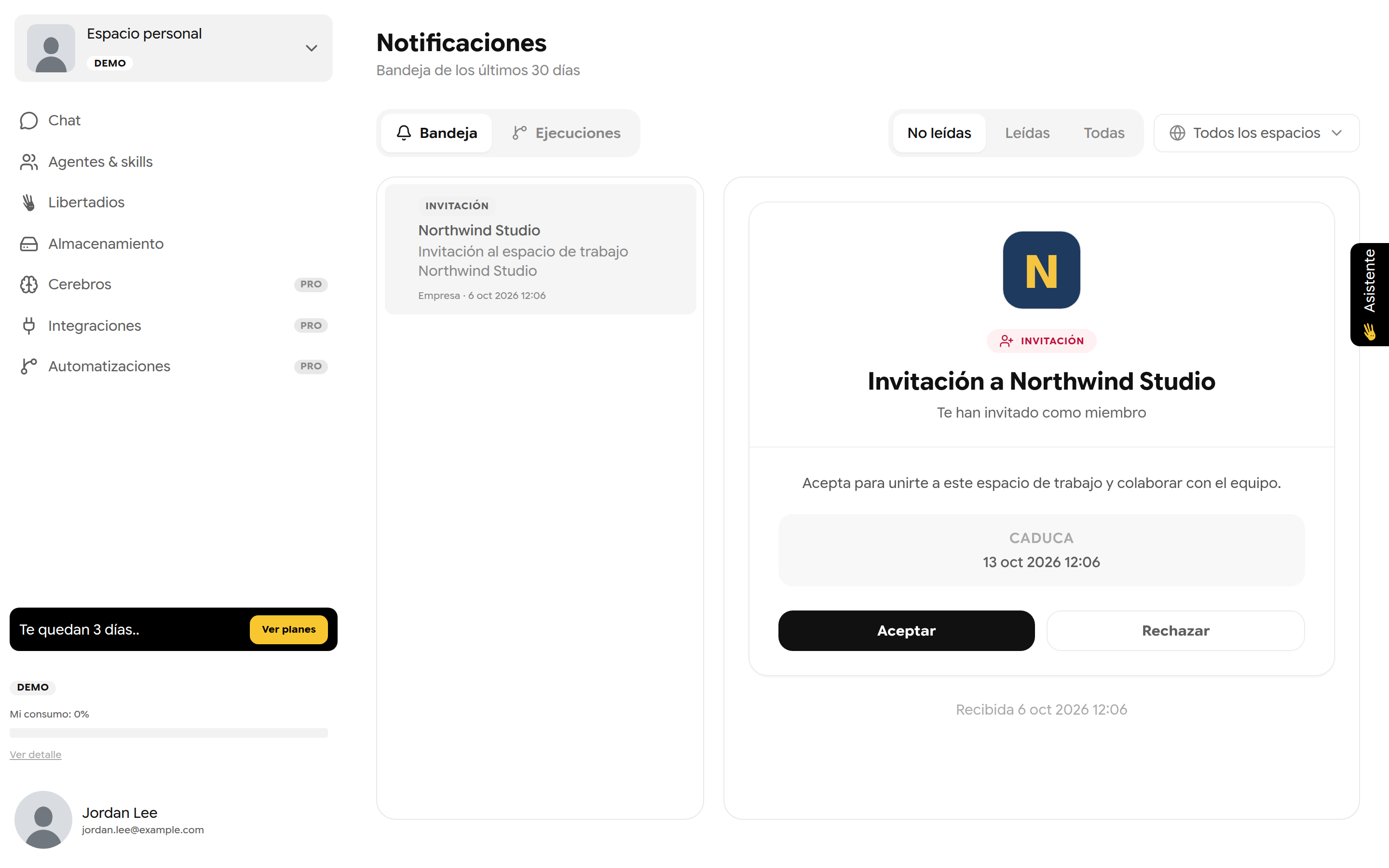Invitación a Northwind Studio con los botones Aceptar y Rechazar y la fecha de caducidad