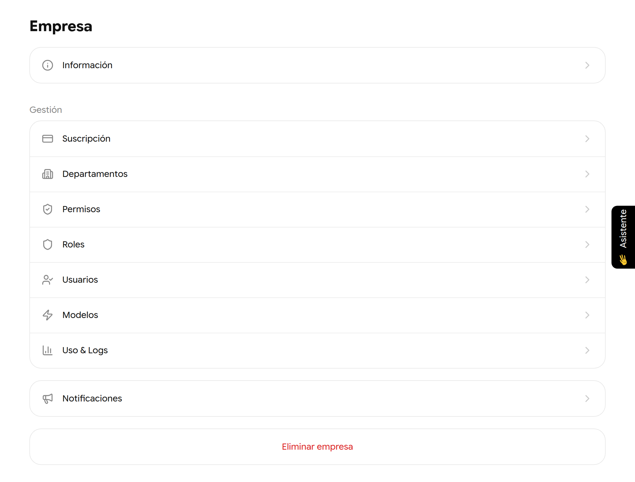 Página Empresa con Información, los enlaces de Gestión, Notificaciones y Eliminar empresa