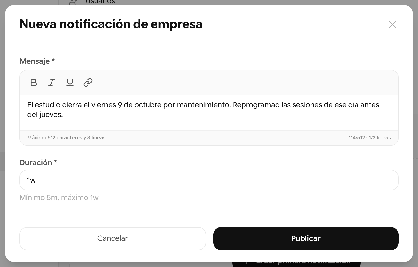 Diálogo Nueva notificación de empresa con un mensaje y una duración de 1w
