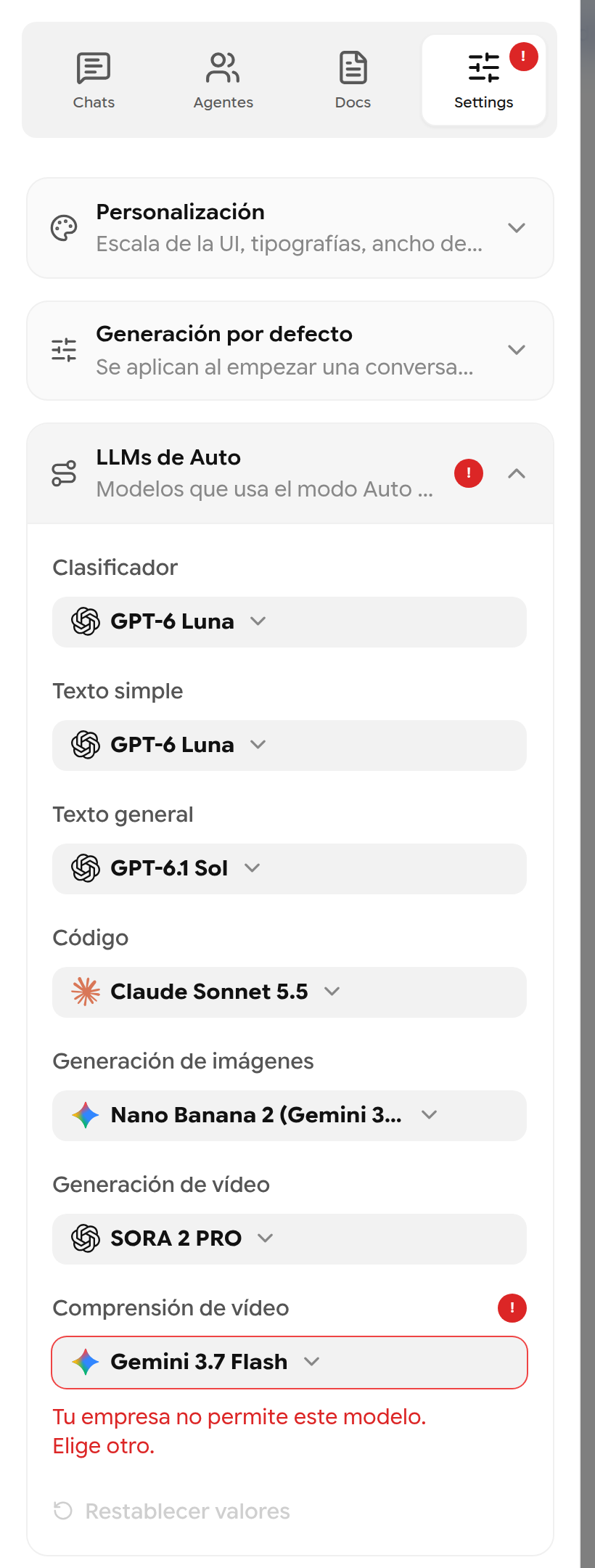 LLMs de Auto con la ruta Comprensión de vídeo marcada en rojo: Tu empresa no permite este modelo. Elige otro.