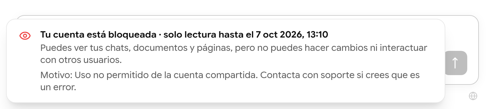 Aviso: Tu cuenta está bloqueada, solo lectura hasta una fecha y hora, con el motivo