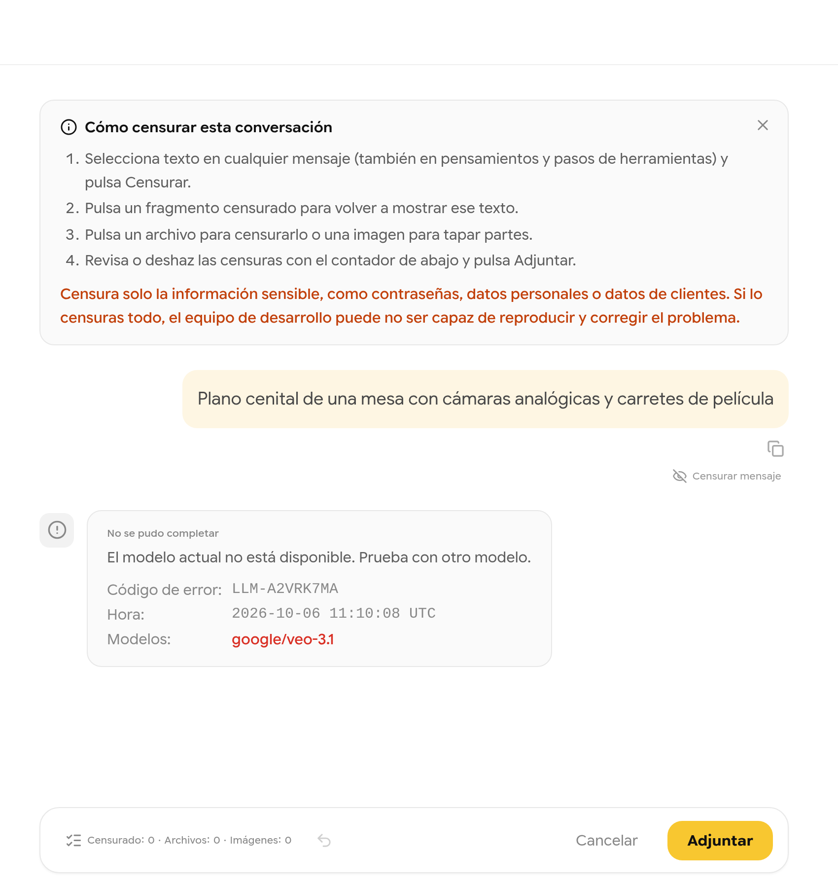 Pantalla de revisión de la conversación con las instrucciones para censurar, la opción Censurar mensaje y el botón Adjuntar
