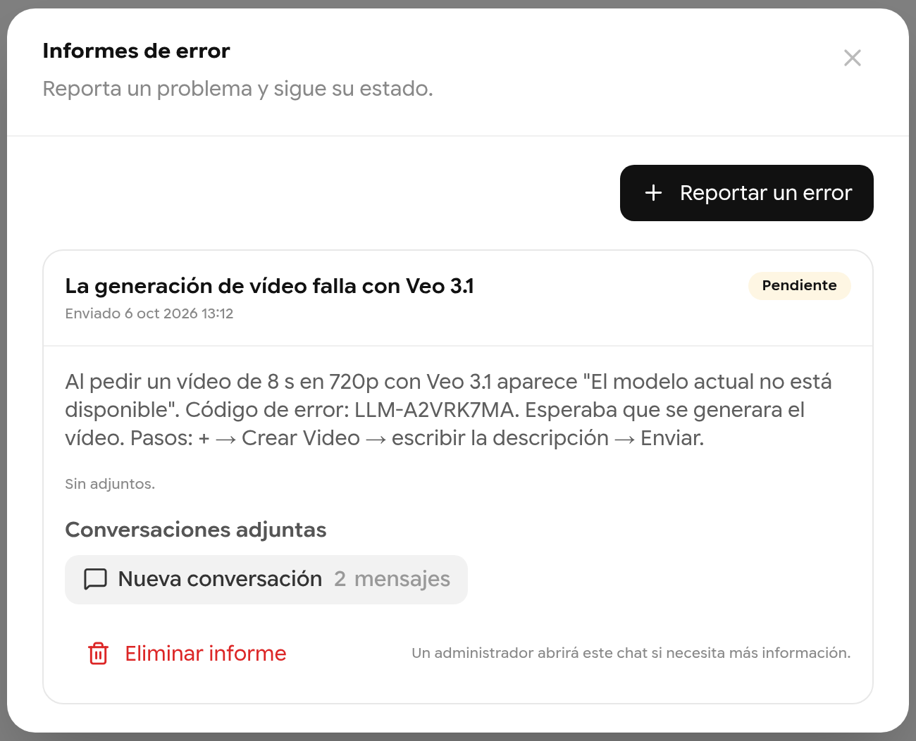Lista de informes de error con un informe en estado Pendiente y sus detalles