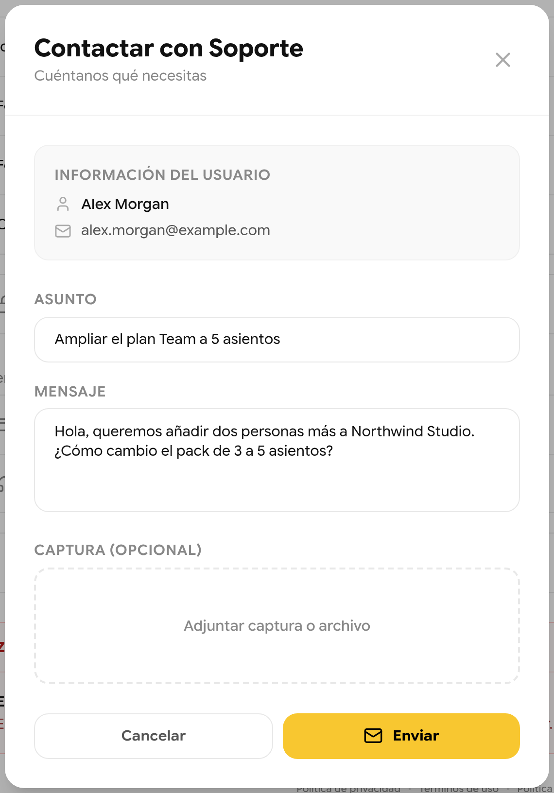 Formulario Contactar con Soporte con asunto, mensaje y captura